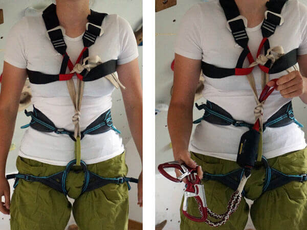 Einbinden eines Klettersteigsets in einen Brustgurt