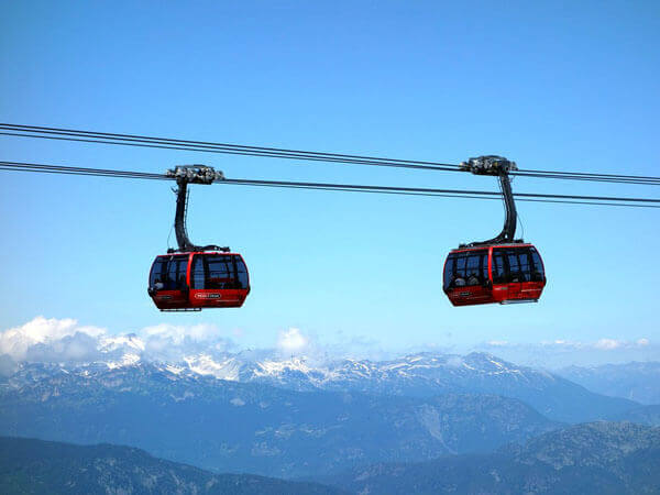 Zwei Gondeln einer Seilbahn.