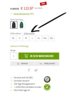 Wo die herstellereigenen Größentabellen im Shop zu finden sind.