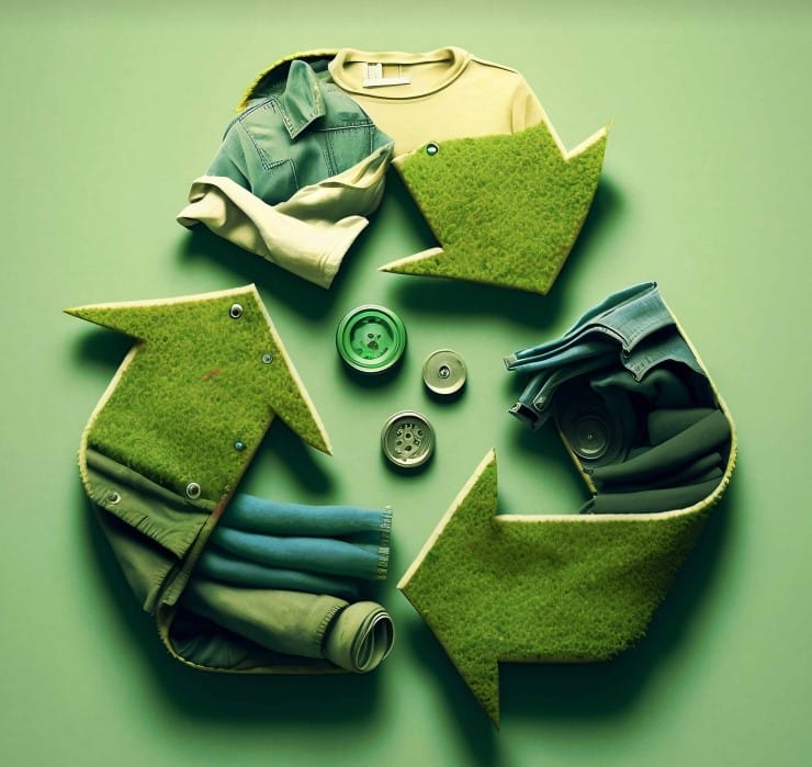 Recycling-Dreieck mit Kleidung gefüllt